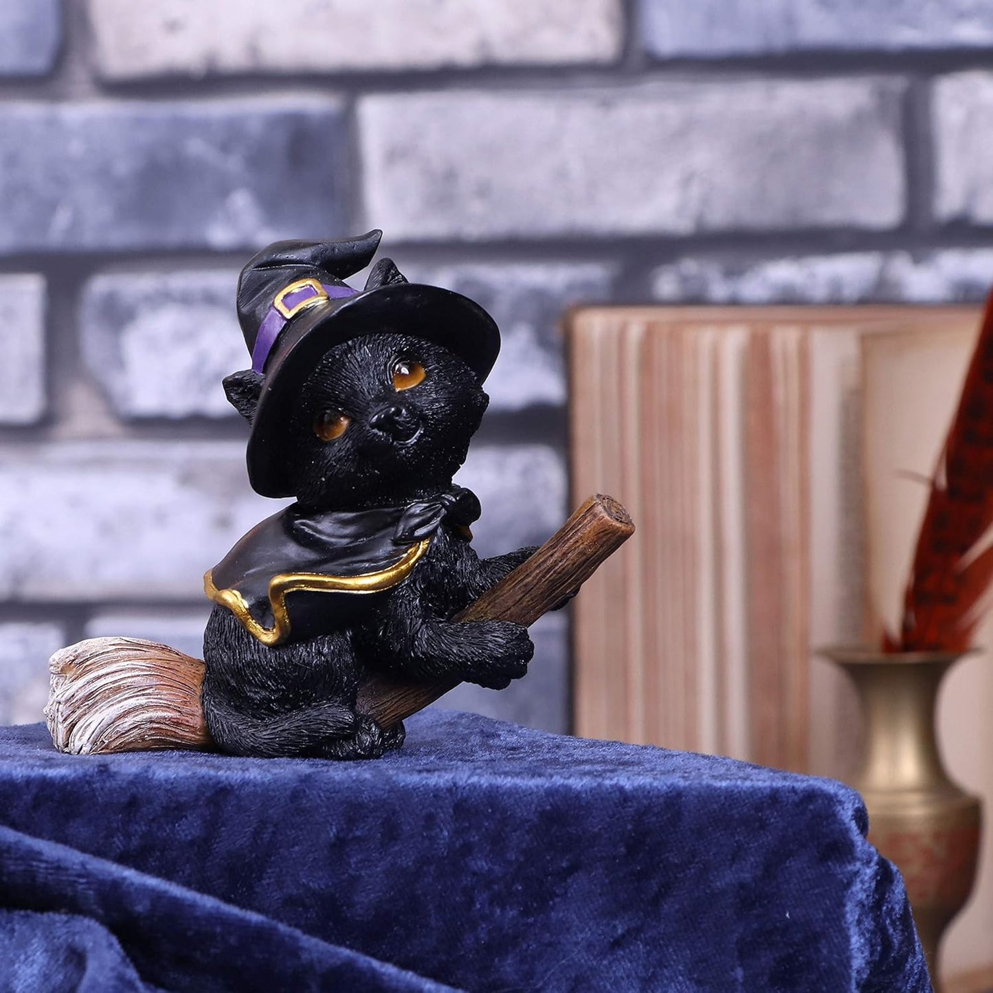 Nemesis Now Tabitha Small Witches Familiar Black Cat and Broomstick Figurine, 11cm