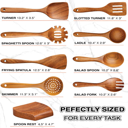 9-Piece Teak Wooden Utensil Set – Wooden Spoons for Cooking with Spoon Rest, Wooden Spatula, and Non Toxic Cooking Utensils – Premium Kitchen Utensils Set for Daily Use