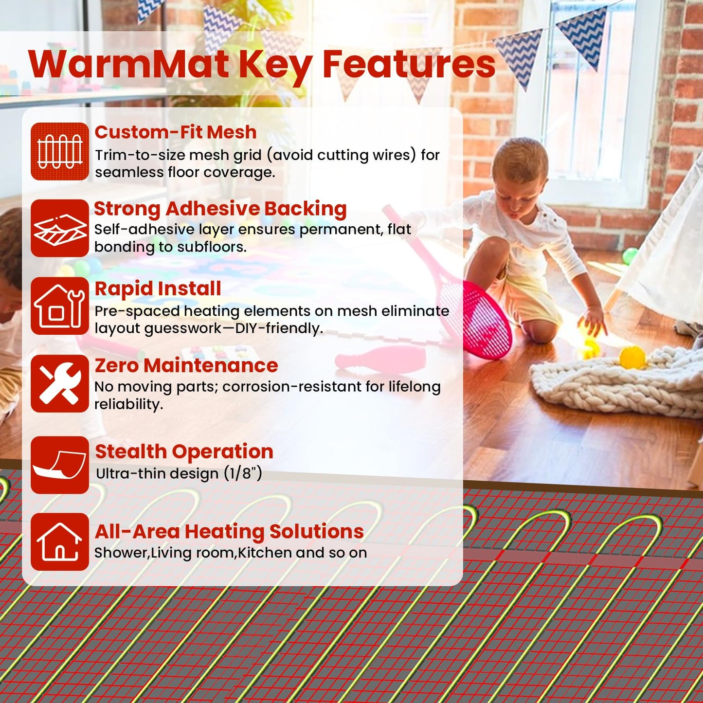 100 sqft HEATIT Warmmat Electric Radiant Self-adhesive Floor Heat Heating System & ET-7AW Thermostat & Alarm Monitor
