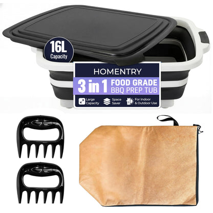 BBQ Prep Tub 16L, Collapsible Cutting Board with Meat Rest Blanket and Chicken Claws, Perfect Meat Prep Tub for Marinating, Shredding, and Grilling, All in One BBQ Accessories for Outing & Picnic