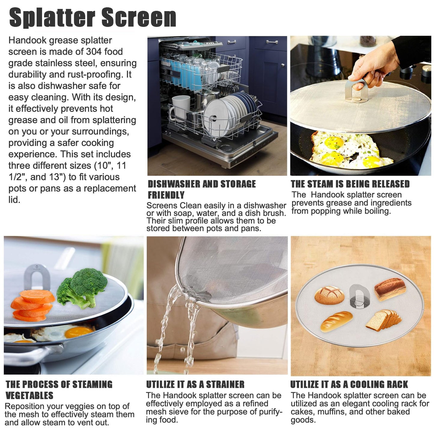 Splatter Screen for Cooking - Stainless Steel Grease Splatter Guard for Frying Pan, No Cooking Oil Mess No Burns, Ultra Fine Mesh Lids Set of 3(10", 11.5", 13")
