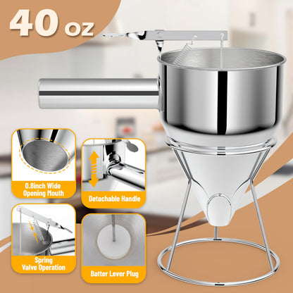 EgieMr Pancake Batter Dispenser, Pancake Dispenser with 0.8 in Large Spout, Easy-Pour Cake Batter Funnel for Thick Mix with Fruits or Chocolate Chips, Stainless Steel Funnel for Home and Kitchen