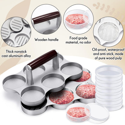 Reallnaive Mini Burger Press with 200 Patty Papers and 6 Storage Containers 6 Slots Meat Sausage Patty Maker Paper Sheets Set for Small Burger Barbecue, Make 6 Pieces at Once