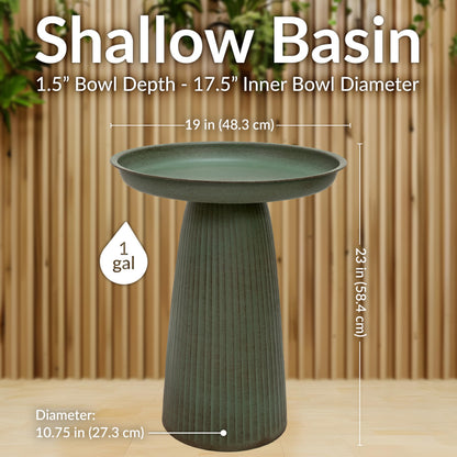 Sunnydaze Gleeful Garden 23" Iron Pedestal Bird Bath for Outside - Modern Shallow Basin Birdbath for Outdoors with UV-Protected Rust-Resistant Finish for Patio, Garden, Yard Decor - Matte Green