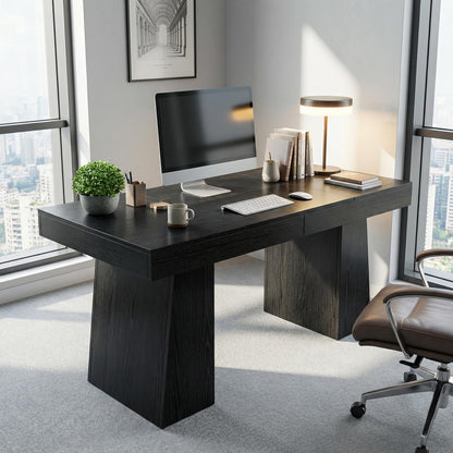 BouPower 55" Executive Desk, Wood Home Office Computer Desks with Double Trapezoid Pedestal, Mid-Century Modern Workstation Writing Table Conference Table Furniture, Black