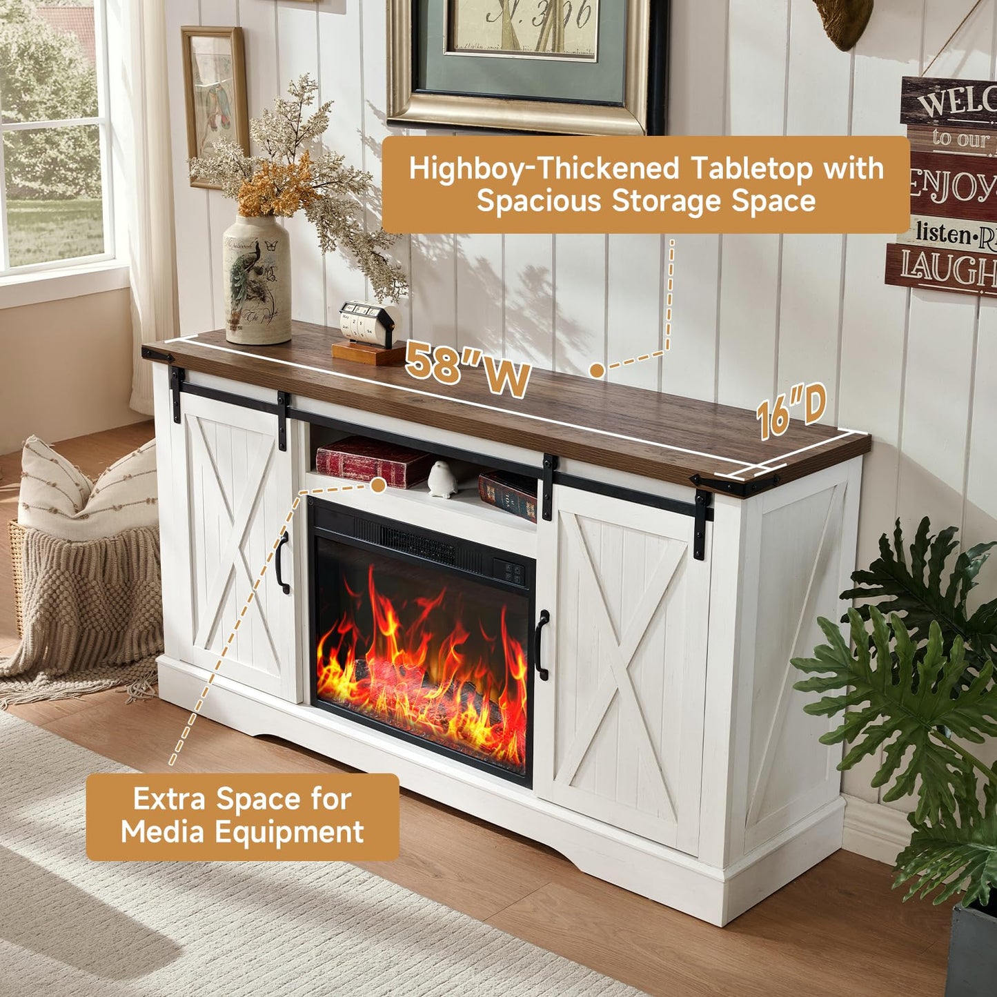 ROCKPOINT 58" Fireplace TV Stand for TV up to 65 Inch with Farmhouse Tall Sliding Barn Doors, Entertainment Center with Storage Cabinet, 23" Electric Fireplace with Remote, White