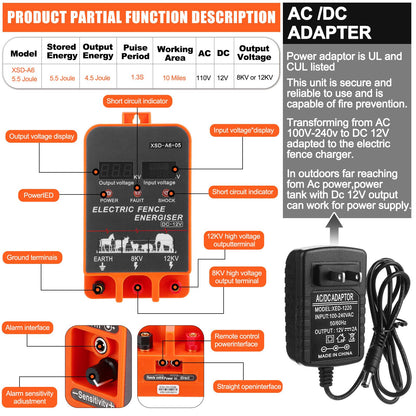 MorningRo 2J Electric Fence Charger with Digital Display & Alarm, AC/DC Dual Power, 12V Input 8KV/12KV Output, 250ft Aluminum Wire 50 Insulators & Socket Tool for Fence Boundary Applications