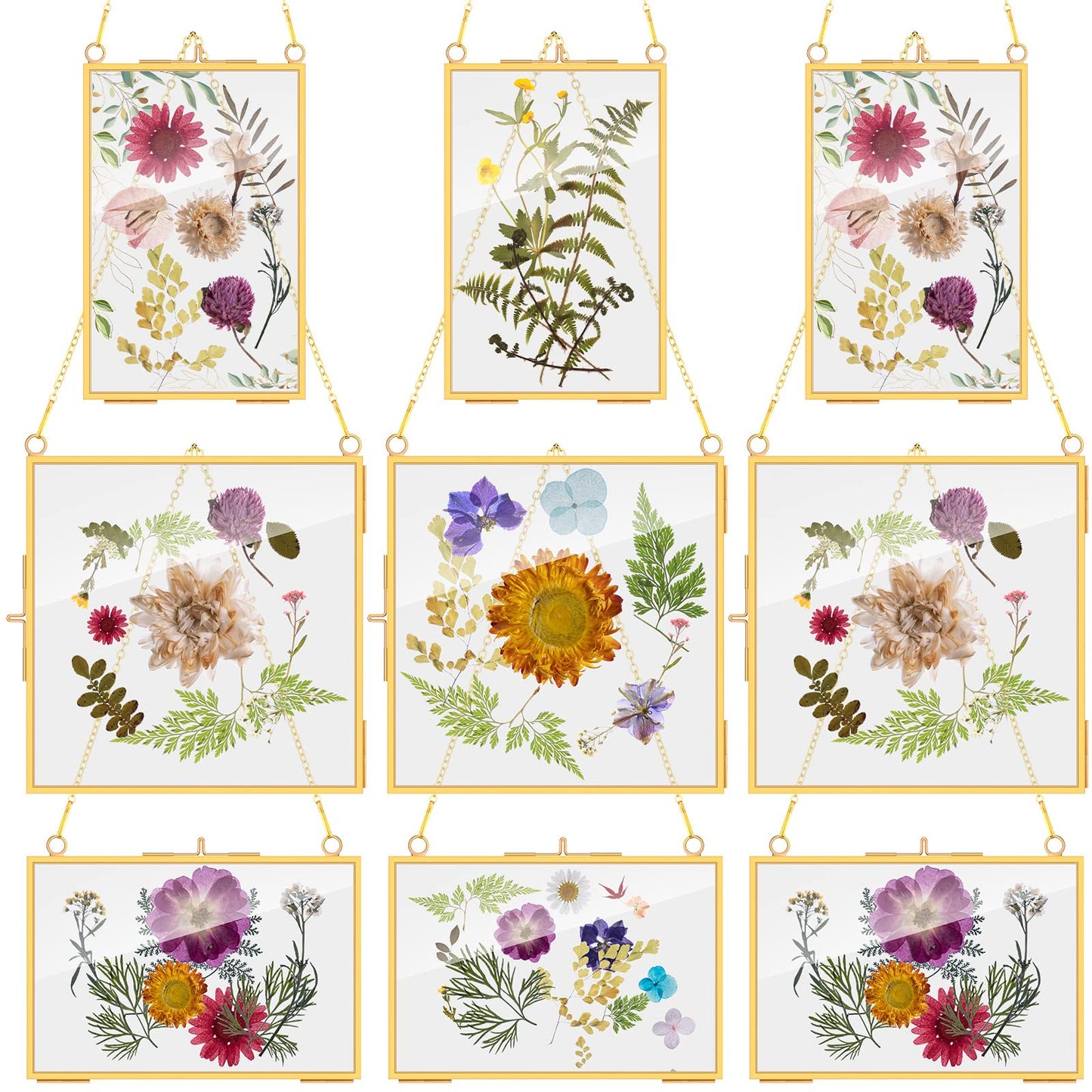 Chunful 9 Pieces Double Glass Frame for Pressed Flowers Hanging Picture Frames Photo Display Gold Metal Brass Floating Frame with Chain for Artwork Art Specimen Wall Plant DIY Gallery, 3 Sizes