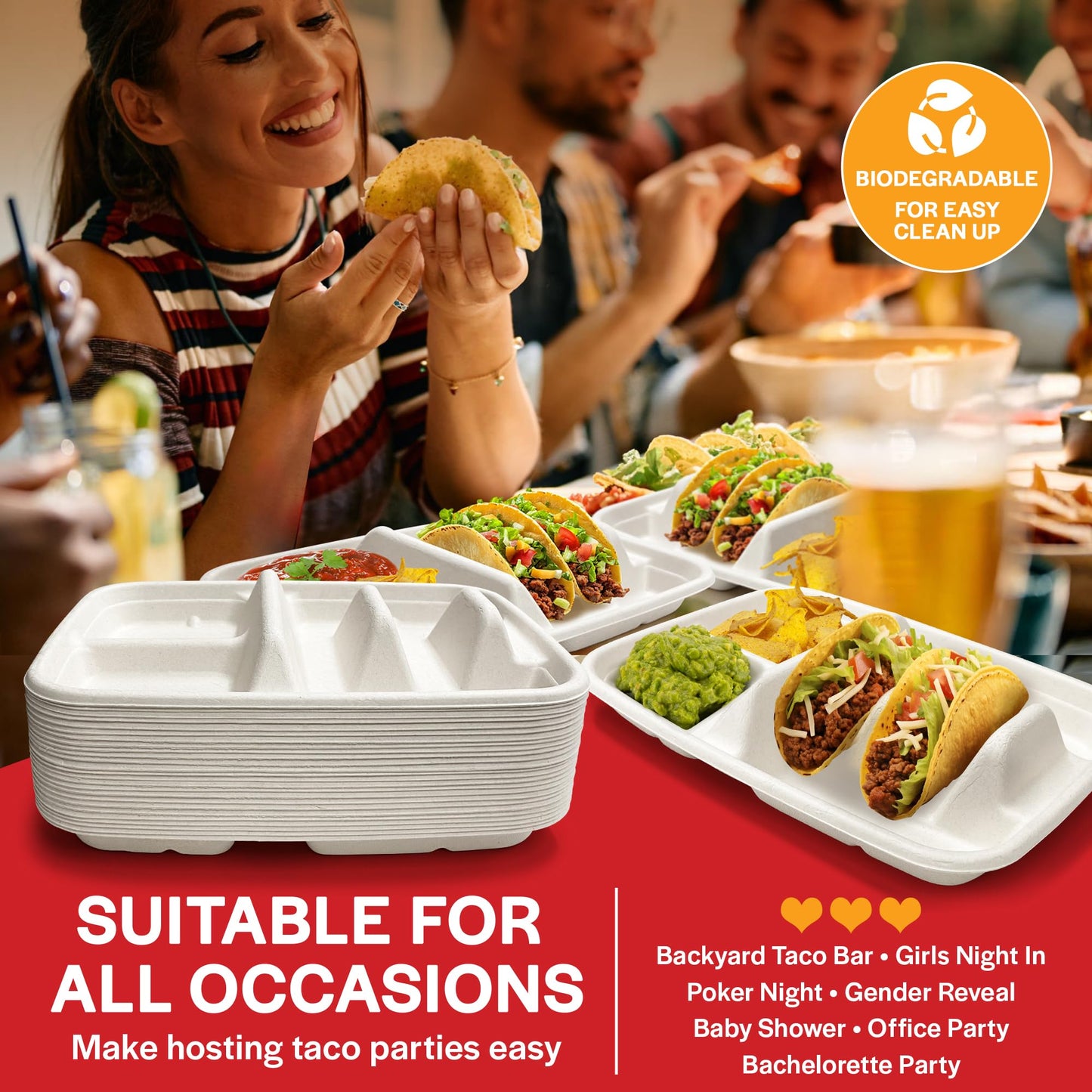 White Disposable Taco Plates for 2 Tacos & 2 Sides – 25 PACK | Premium Paper Plates with Dividers, Fiesta Taco Holder, Taco Stand for Taco Tuesday & Taco Bar Serving Set Taco Plates (25 Plates)
