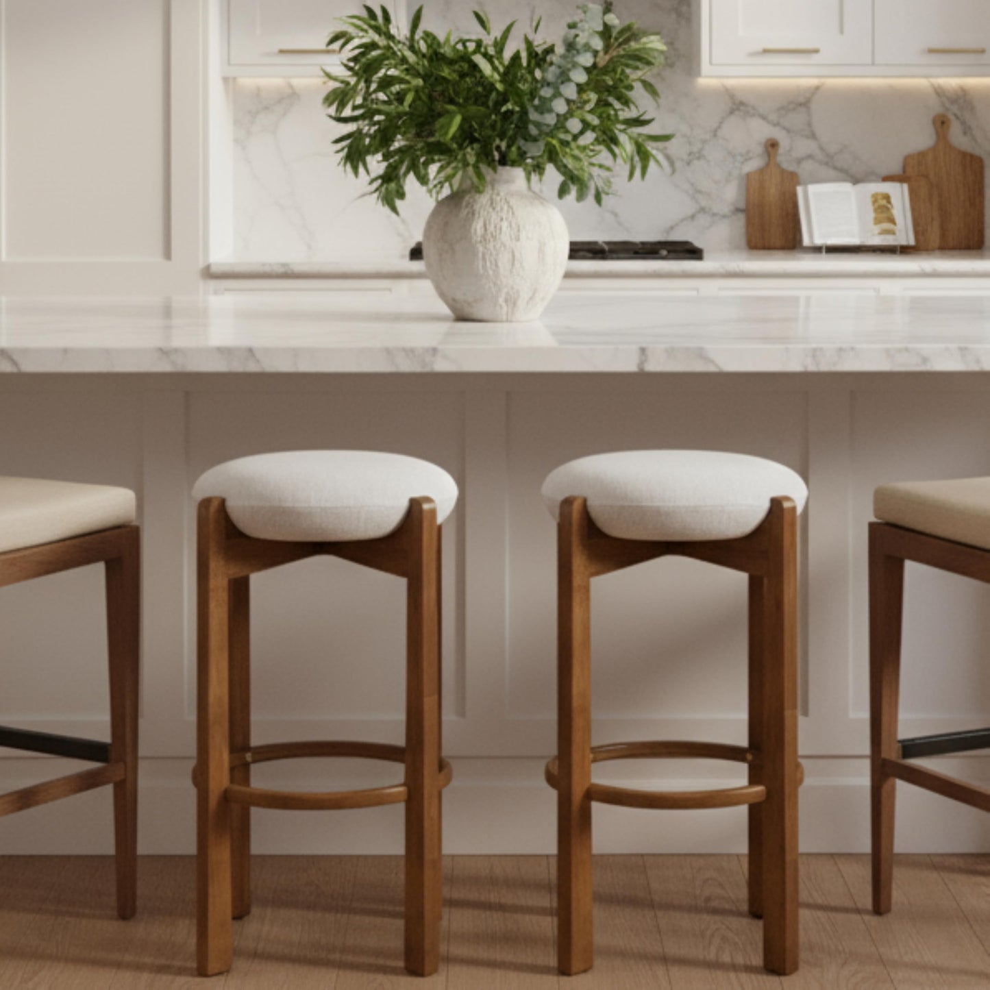 Christopher Knight Home Lilac Modern Counter Height Bar Stools Set of 2, Fabric Round Stool Chair for Kitchen Island, Wood Dining Room Chair, Upholstered Counter Stool with Footrest,Dark Walnut+Ivory