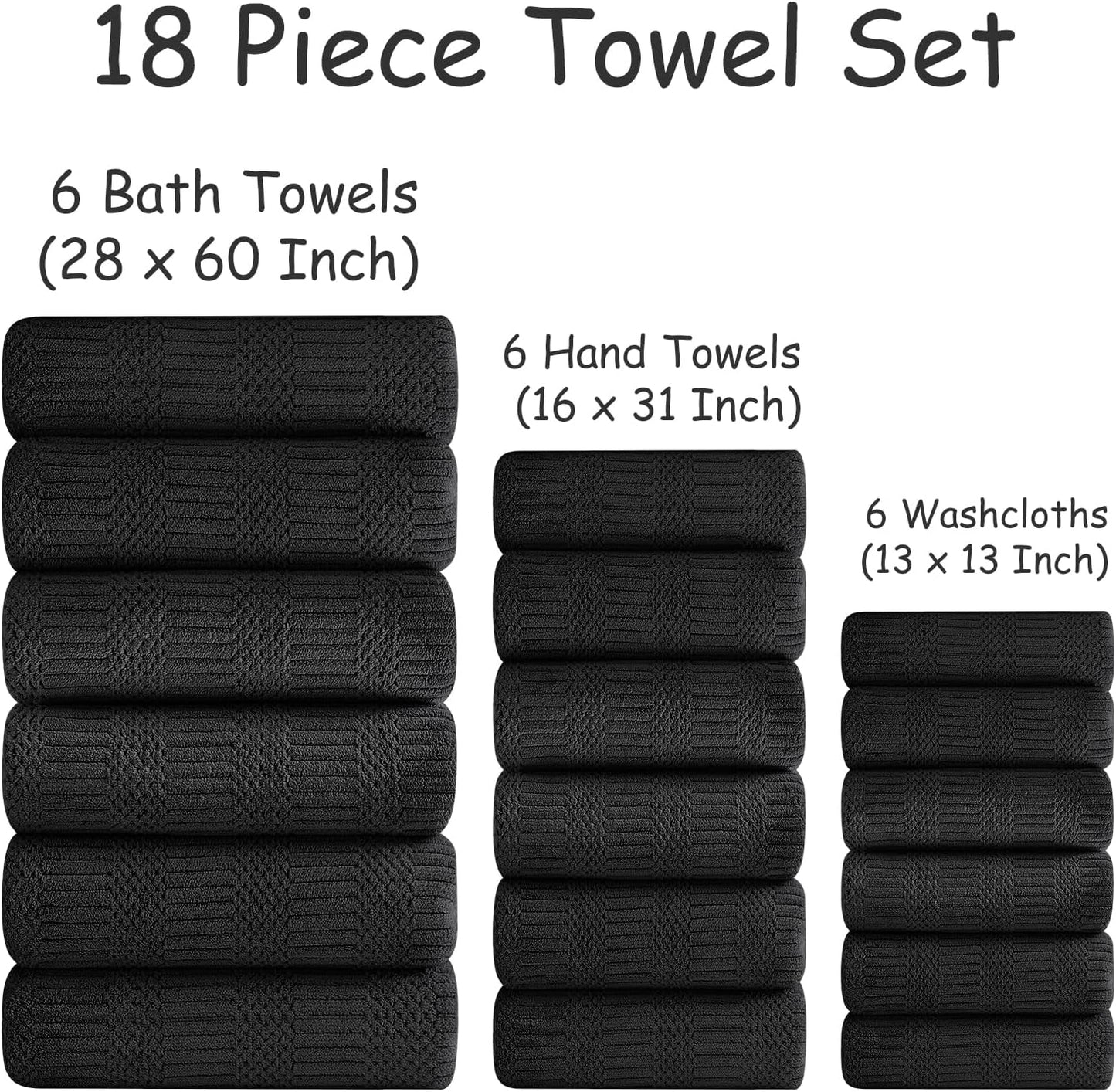 18 Set-6 Sheets,6 Towels,6 Set Pcs Black Woven Family Towels Bath Hand Washcloths Soft Polyester Towels Absorbent