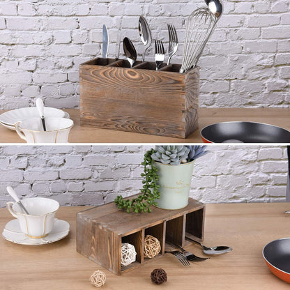 WuGeShop 4 Compartment Wooden Utensil Holder, Kitchen Countertop Organizer for Cooking Tools Storage
