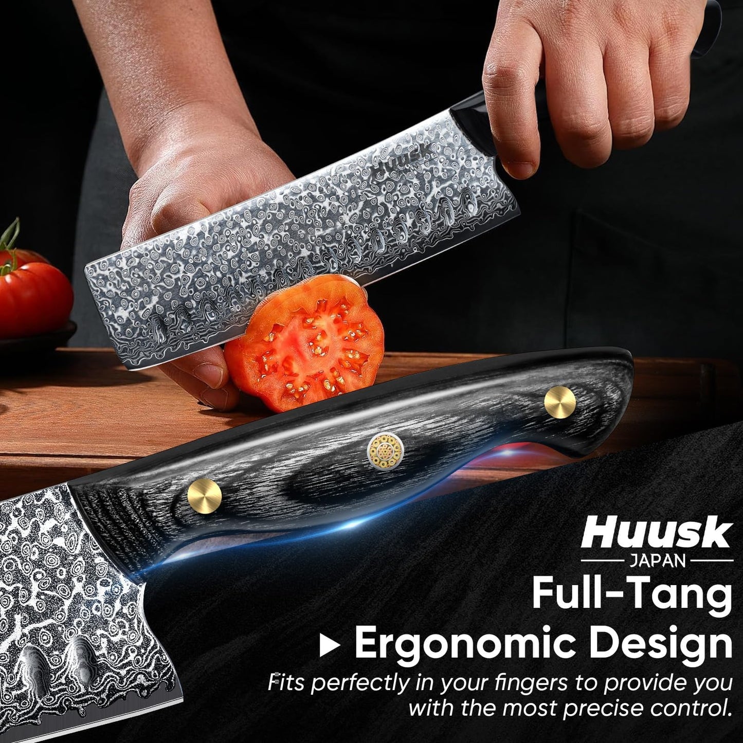 Huusk Damascus Nakiri Knife 7inch - Japanese Knives with Sharp Edge and Wooden Handle, Hand Forged Chef Knives for Home Use, Meat Vegetables Fish Knives, Christmas Gift for Men and Women