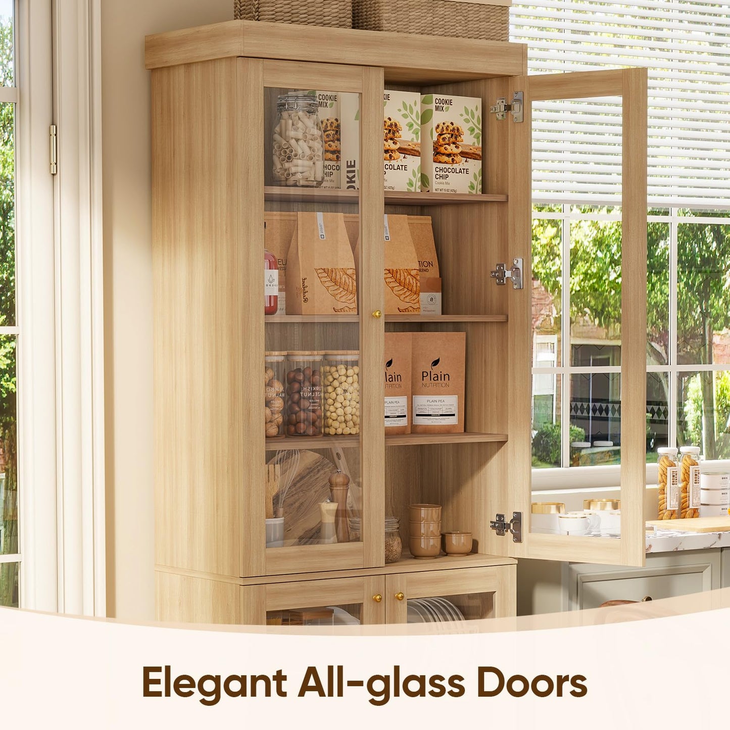 Vyre 70.8" Tall Brown Bookshelf with Glass Doors, Farmhouse Modular Bookcase with 6-Tier Adjustable Shelves, Large Storage Cabinet for Living Room and Home Office