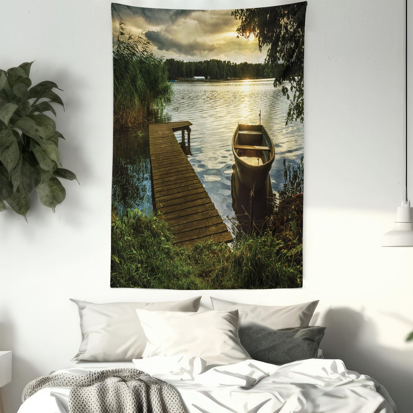 Lunarable Seascape Tapestry Twin Size, Boat at Lake Shore Wooden Pier Sunset Sunbeams Romantic Evening, Wall Hanging Bedspread Bed Cover Wall Decor, Twin Size, Green Yellow