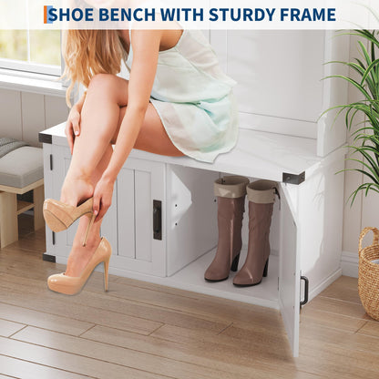 Garvee Farmhouse Hall Tree with Bench and Shoe Storage, 77" Tall Entryway Hall Tree w/ 5 Tri-Hooks Coat Rack, Mudroom Rack w/Bench & Door, Adjustable Shelf, 2 Top Cubbies Storage, Space Saving, White