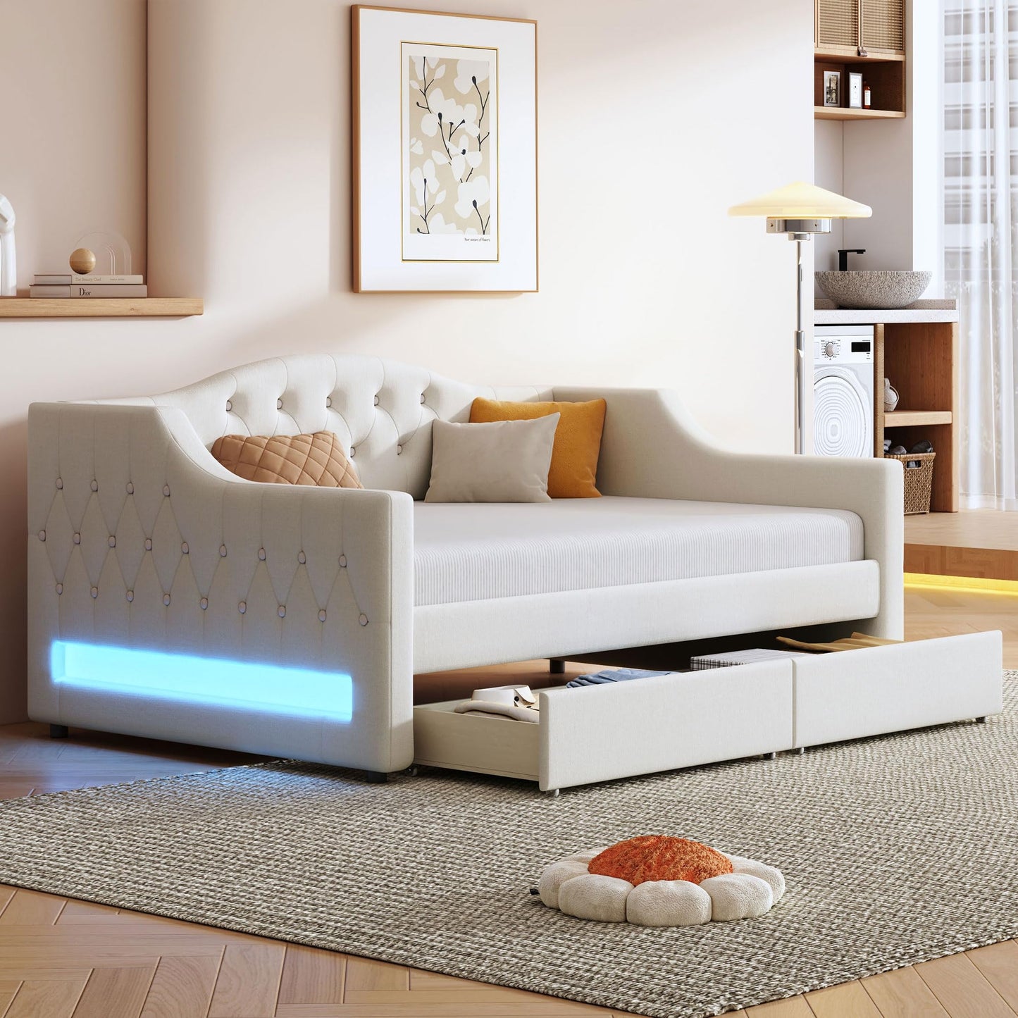 Ball & Cast Twin XL Size Daybed with Storage Drawers and LED Light, Linen Upholstered Day Bed Frame with Solid Wood Slats for Guest Room,Apartment,No Spring Box Needed, Easy Assembly,Beige