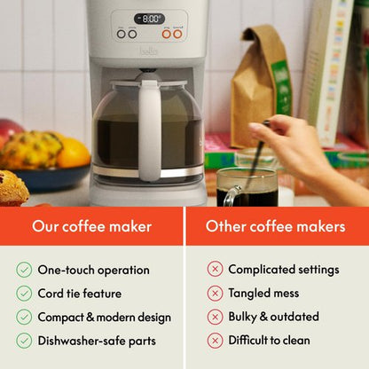 BELLA 12 Cup Programmable Coffee Marker, Reusable Dishwasher Safe Accessories, Easy LCD diaply, Auto Shutoff, 900 watt, Oatmilk
