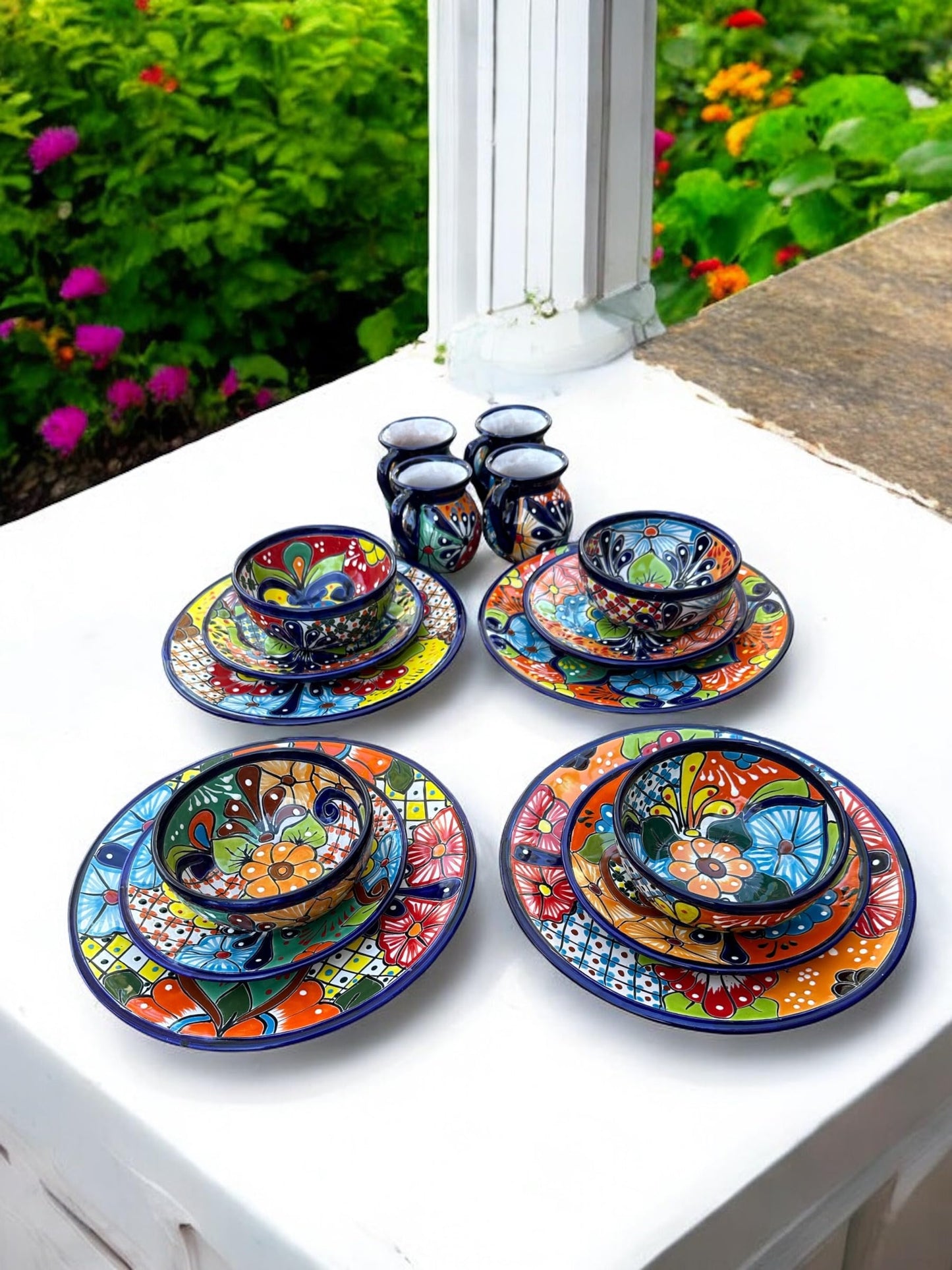 16-Piece Talavera Dinnerware Set | Hand-Painted Mexican Pottery with 4 Large 11.5” Plates, 4 Small 8” Plates, 4 Bowls, and 4 Mugs | Unique, Artisan-Made Ceramic Dish Set