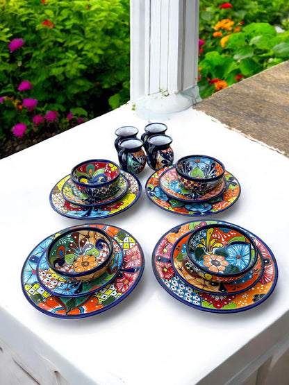 16-Piece Talavera Dinnerware Set | Hand-Painted Mexican Pottery with 4 Large 11.5” Plates, 4 Small 8” Plates, 4 Bowls, and 4 Mugs | Unique, Artisan-Made Ceramic Dish Set