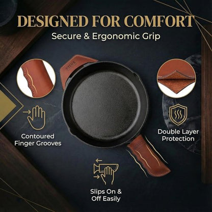 Full Grain Leather Handle Cover Set by Proudly Made in Georgia - Heat Resistant Cast Iron Sleeves for Skillets & Pots