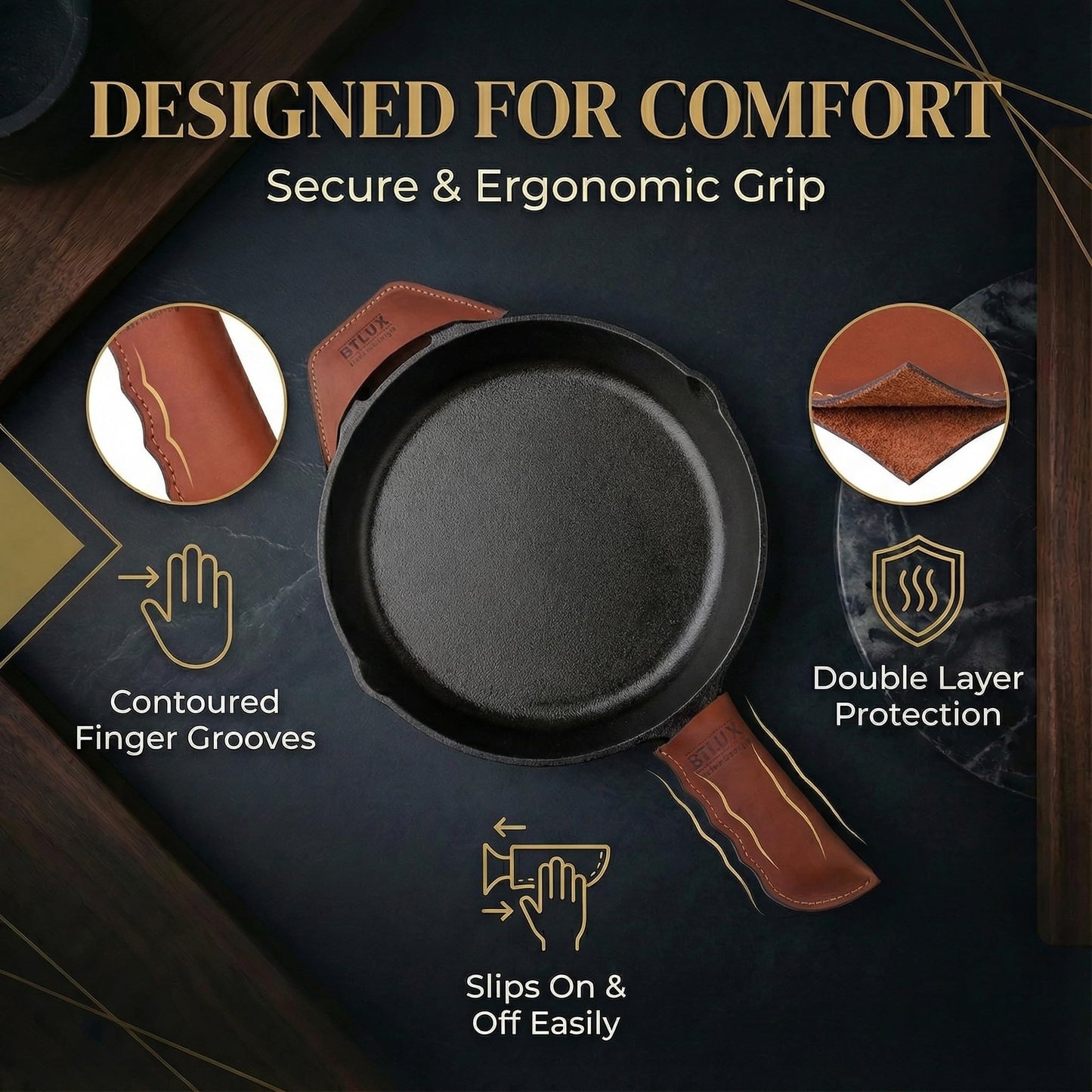 Proudly Made in Georgia from Full Grain Leather - Leather Cast Iron Handle Cover, Set of 2 - Heat Resistant Cast Iron Handle Sleeve for Skillets - Pot Holder for Hot Frying Pans, Pots
