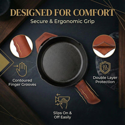 Proudly Made in Georgia from Full Grain Leather - Leather Cast Iron Handle Cover, Set of 2 - Heat Resistant Cast Iron Handle Sleeve for Skillets - Pot Holder for Hot Frying Pans, Pots
