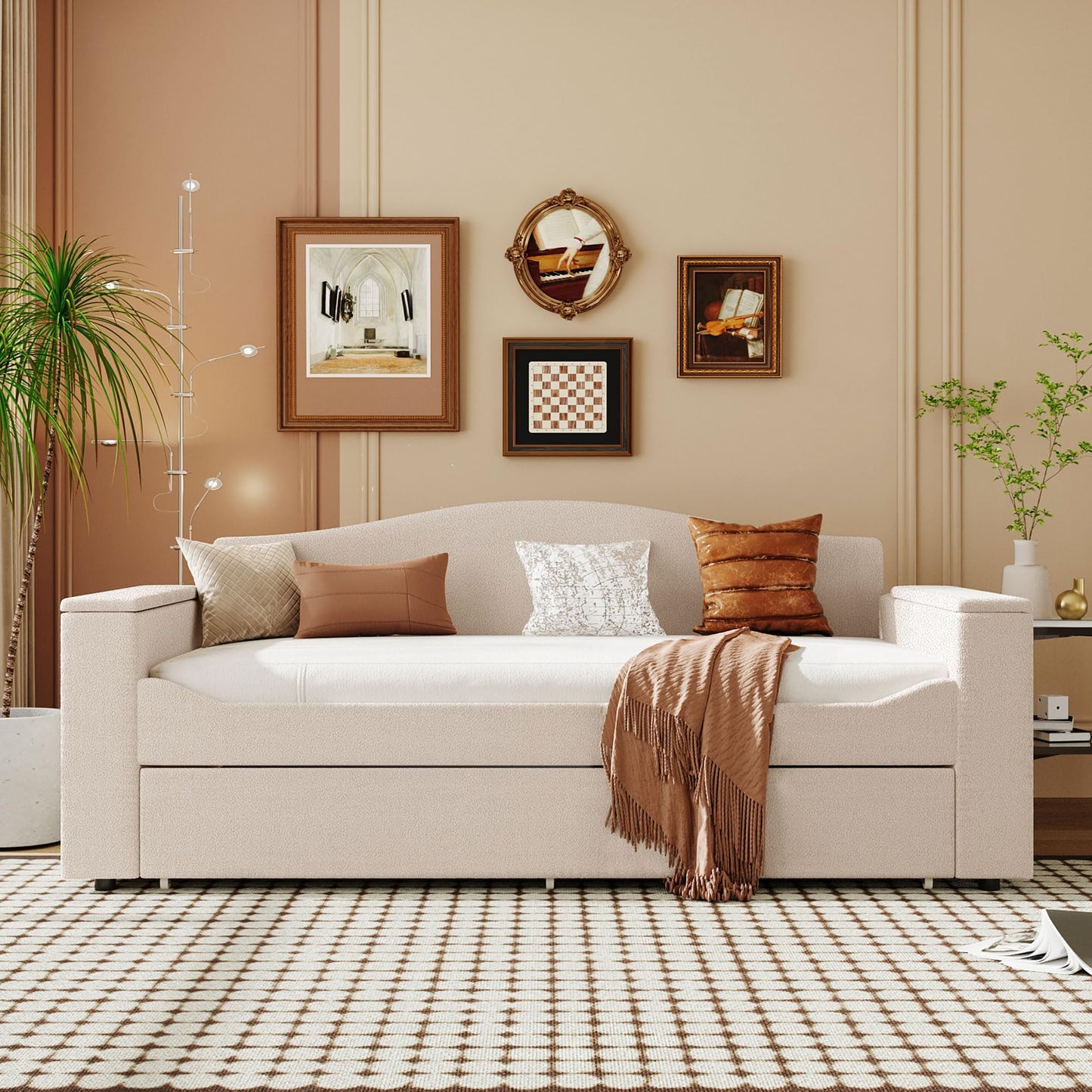 Twin Upholstered Daybed with Storage Armrests, Trundle and Latest Integrated Bluetooth Audio System