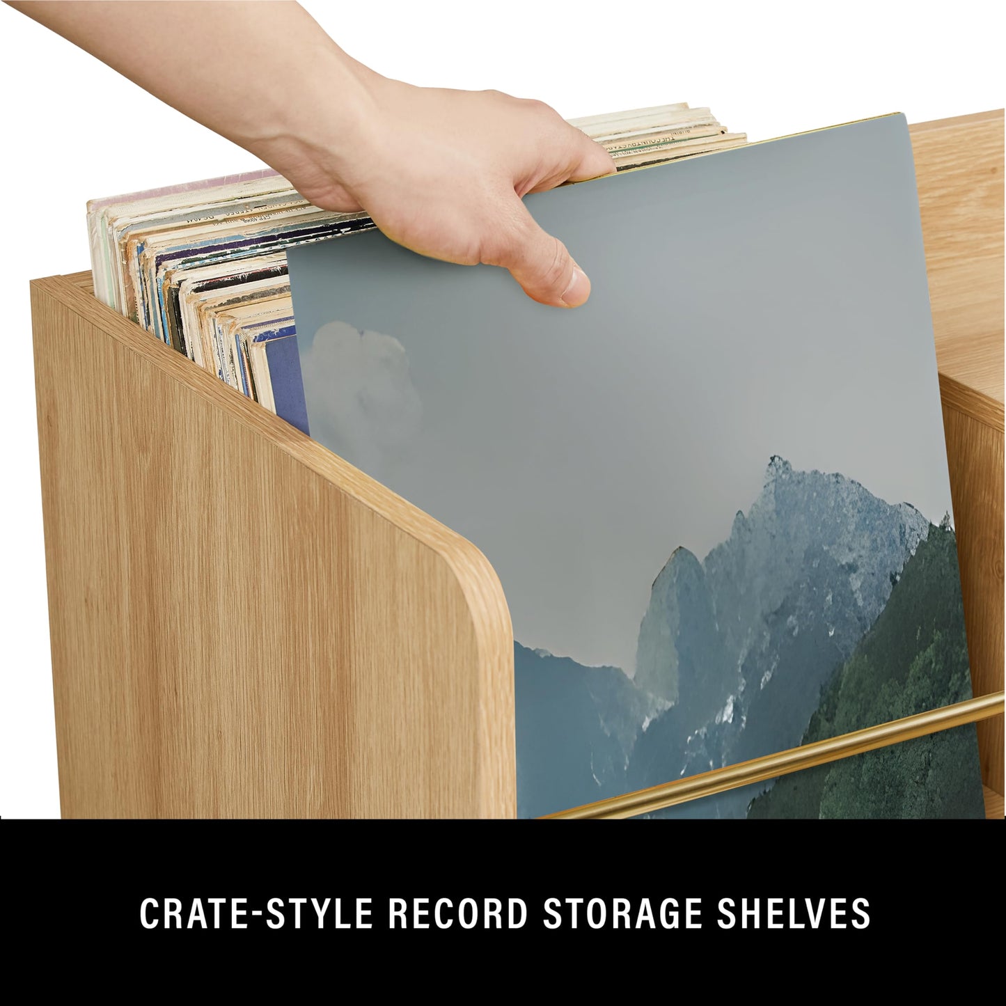 Crosley Furniture Maeve Record Player Cabinet, Vinyl Storage, Rattan Turntable Stand for Records, Ash