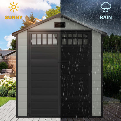 DWVO 6x4.4 FT Resin Storage Shed with Fence-Style and Side Windows, Lockable Door, and Vents for Garden, Backyard, Patio, Lawn, Blue-Gray