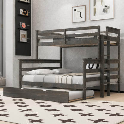 Merax Twin XL Over Queen Bunk Bed Wood Detachable Bunk Bed with Trundle & Ladder, Multifunction Bunk Bed,Can be Separated into 3 Beds, No Box Spring Needed,Space Saving,Gray