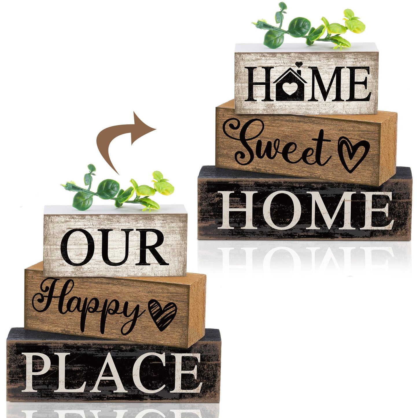 Briwooody 4 Pcs Farmhouse Wooden Table Decor Reversible Sweet Home Tiered Tray Decor Rustic Eucalyptus Leaves Wood Block Sign Gifts for Home Table Kitchen Shelf Decoration