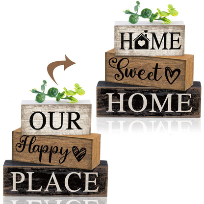 Briwooody 4 Pcs Farmhouse Wooden Table Decor Reversible Sweet Home Tiered Tray Decor Rustic Eucalyptus Leaves Wood Block Sign Gifts for Home Table Kitchen Shelf Decoration