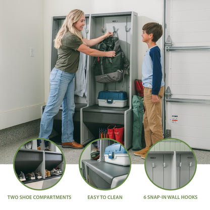 LIFETIME Storage Locker, Freestanding Cabinet with Benches & Shoe Cubbies, Organizer with Metal Hooks, UV‑Protected Weather‑Resistant