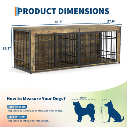 GarveeLife 78.7" Heavy Duty Dog Crate Furniture, Dog Cage Furniture with Divider,Wooden Kennel Indoor TV Stand End Table for Large/Medium Dogs, Rustic Brown