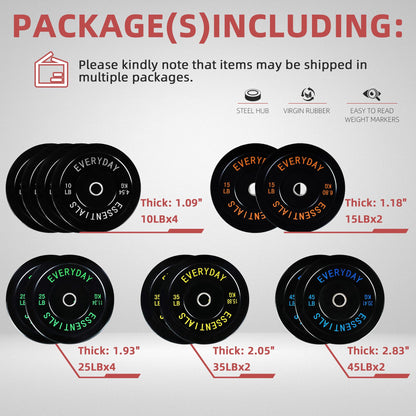 Fitvids Olympic Bumper Plates Set 2' Weight Plates for Strength Training & Weightlifting Set: 280 lbs (4x 10LB+2x 15/25/35/45 LB Pairs)