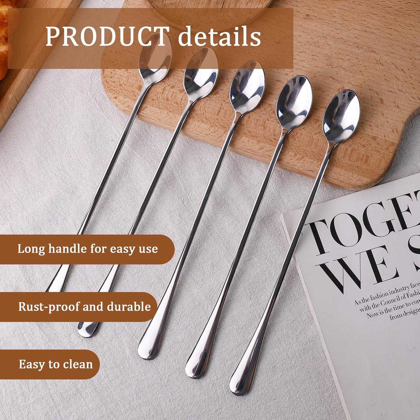 LOVEINUSA 8 Pcs Long Handle Ice Tea Spoons, 9" Silver 304 Stainless Steel Coffee Stirrers for Bar