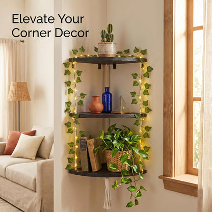 REFGY 3-Tier Corner Floating Shelves with Aesthetic Greenery & Fairy Lights - Premium Wood-Textured Boho Wall Hanging Shelf - Stable L-Bracket Support for Home Decor, Office & Small Spaces