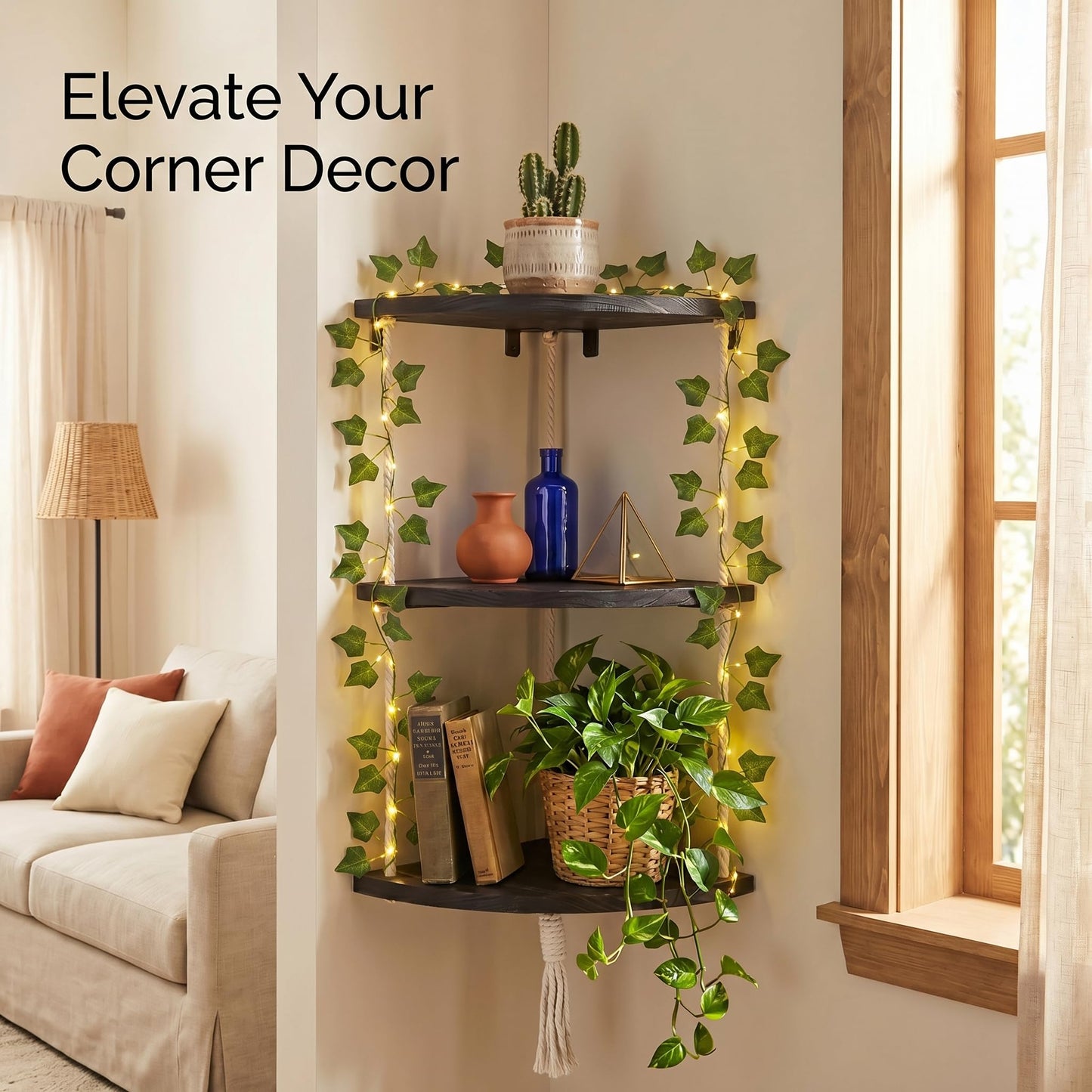 REFGY 3-Tier Corner Floating Shelves with Aesthetic Greenery & Fairy Lights - Premium Wood-Textured Boho Wall Hanging Shelf - Stable L-Bracket Support for Home Decor, Office & Small Spaces