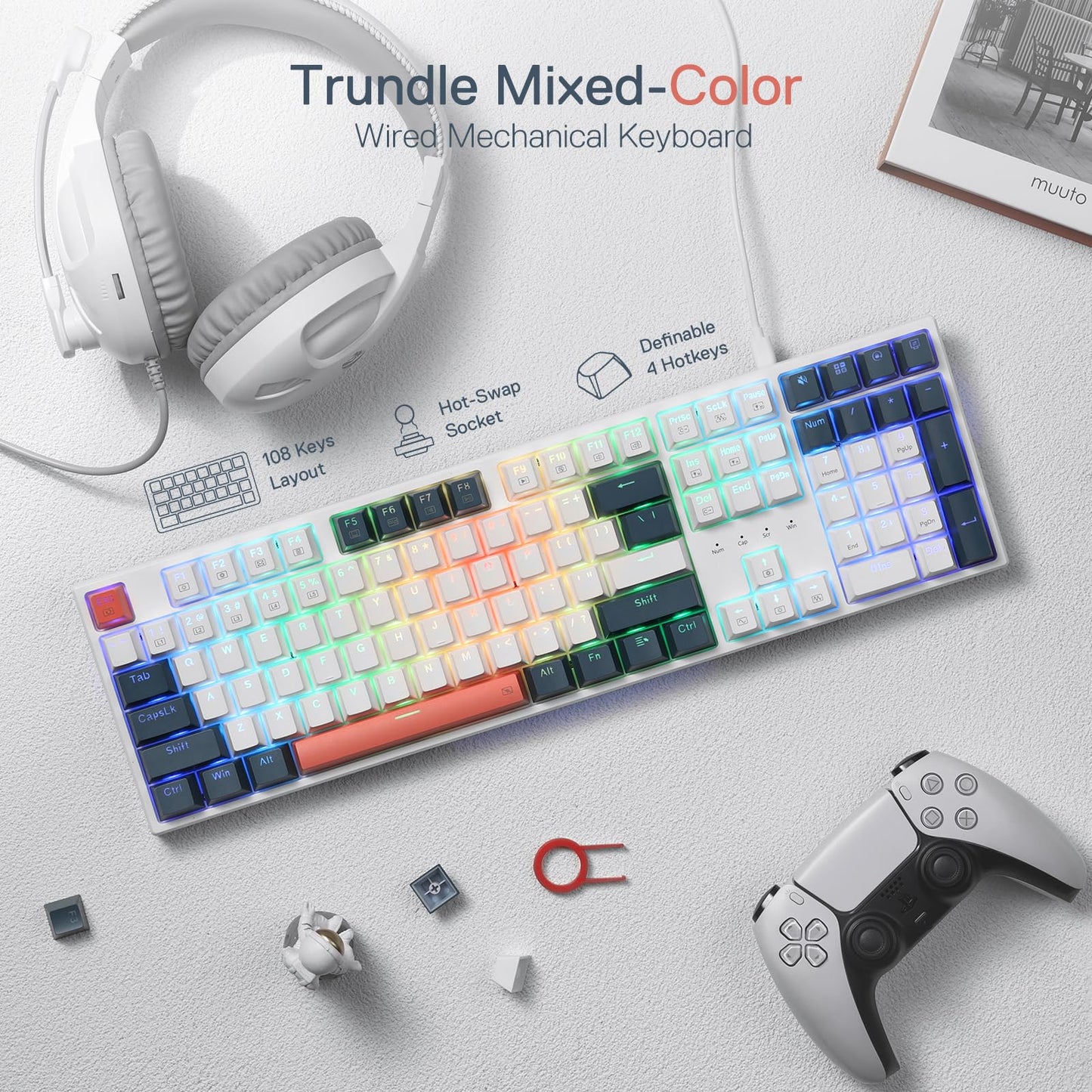 Redragon K668 RGB Gaming Keyboard, 108 Keys Wired Mechanical Keyboard w/Extra 4 Hotkeys, Sound Absorbing Foams, Upgraded Hot-swappable Socket, Mixed Color Keycaps x 2 Sets, Red Switch