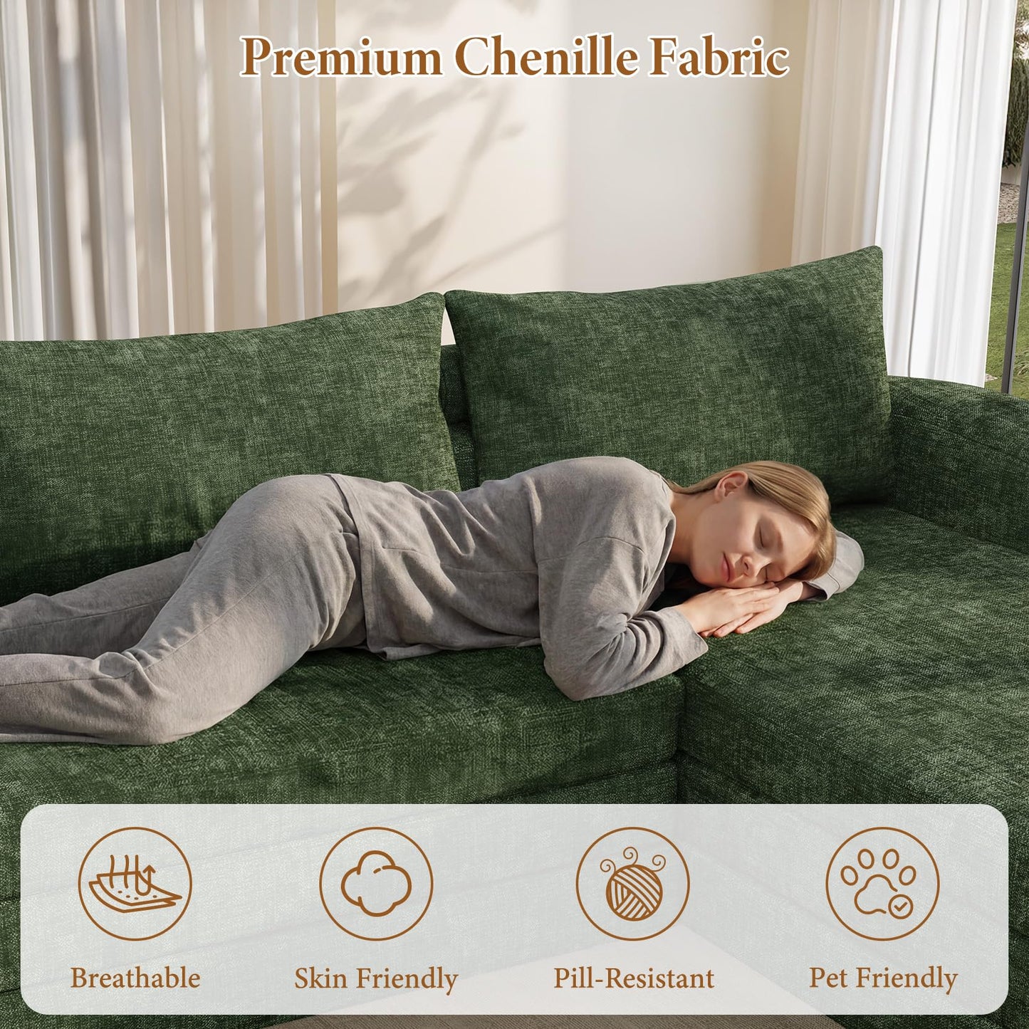 Vesgantti 110.2" Boneless Sectional Couch with Curved Armrest, 6 in 1 Convertible Folding Sleeper Sofa Bed, Chenille Modular Sofa for Living Room, No Assembly Required, Green, Right Facing Chaise