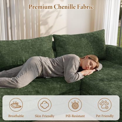 Vesgantti 110.2" Boneless Sectional Couch with Curved Armrest, 6 in 1 Convertible Folding Sleeper Sofa Bed, Chenille Modular Sofa for Living Room, No Assembly Required, Green, Right Facing Chaise