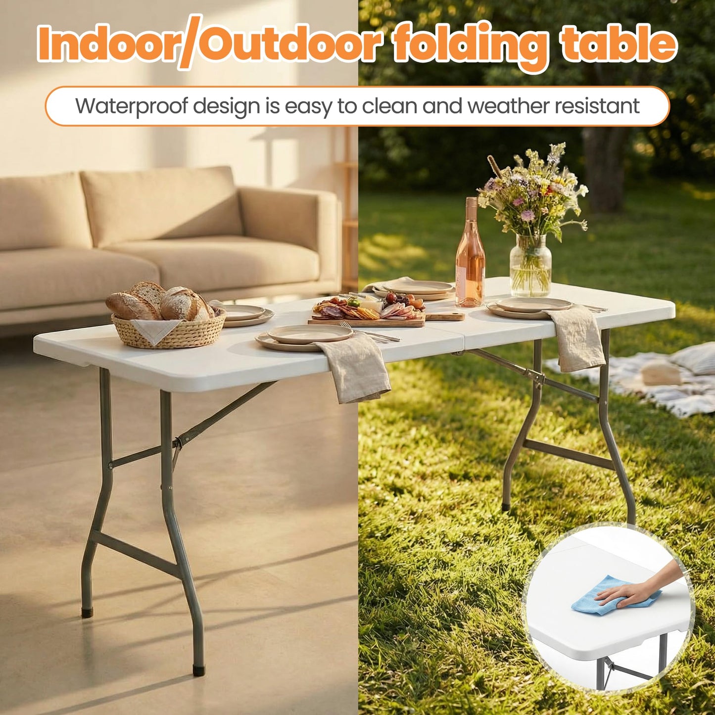 EDWINENE Bulk 6 Foot Foldable Table 10 Pack Heavy Duty Plastic Utility Table with Carrying Handle for Event Rental, Catering Business, Outdoor & Indoor Commercial Use
