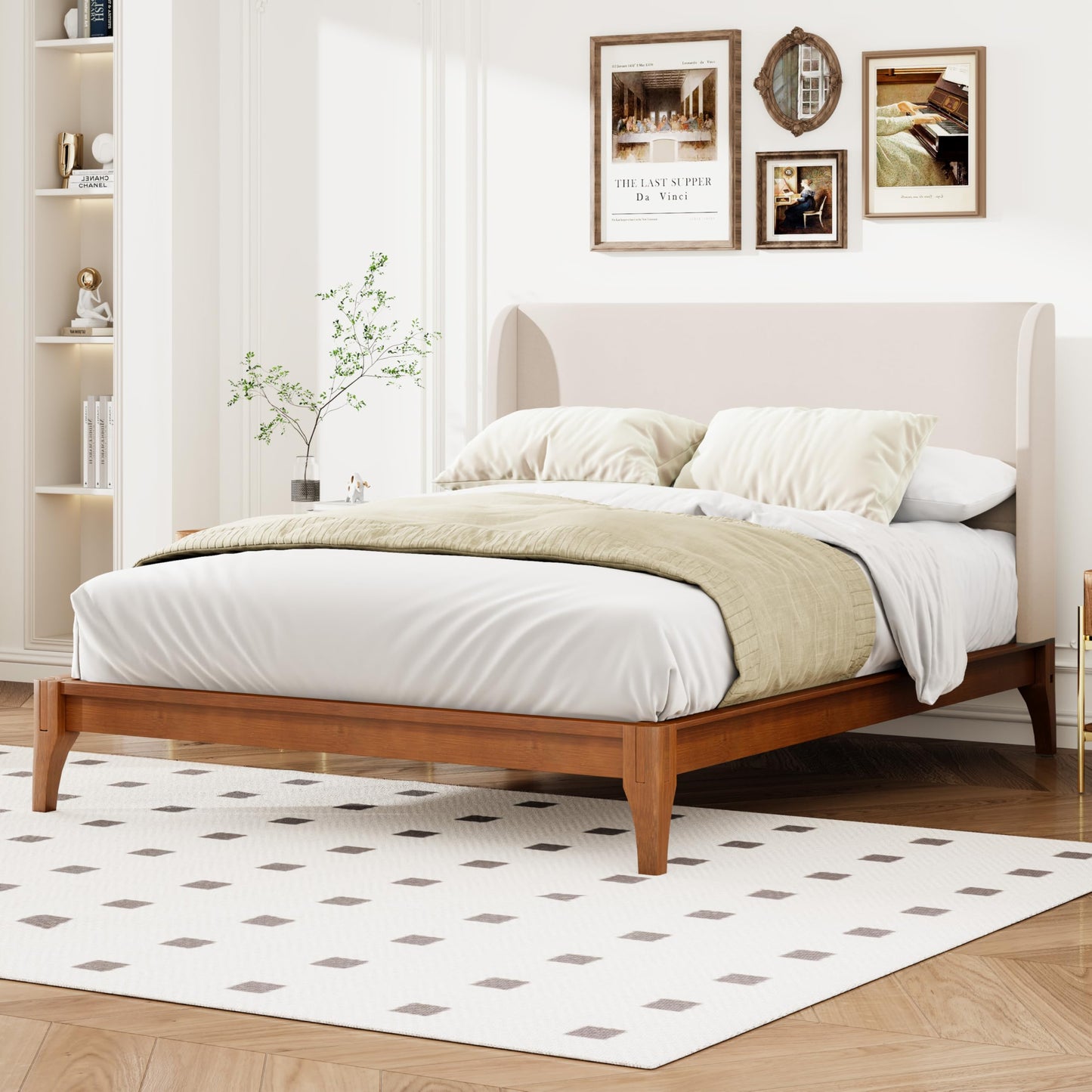 GDFStudio Ceyety King Size Wingback High Headboard, Upholstered Linen Fabric Headboard, Bamboo Wood, Easy Assembly, 48''H, Tan