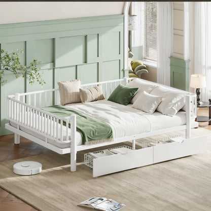 KEIKI Queen Size Metal Platform Bed Frame with 2 Storage Drawers, Modern Daybed with Strong Metal Slats & Upgraded Safety Round-Pipe Design, No Box Spring Needed, Easy Assembly, for Bedroom, White
