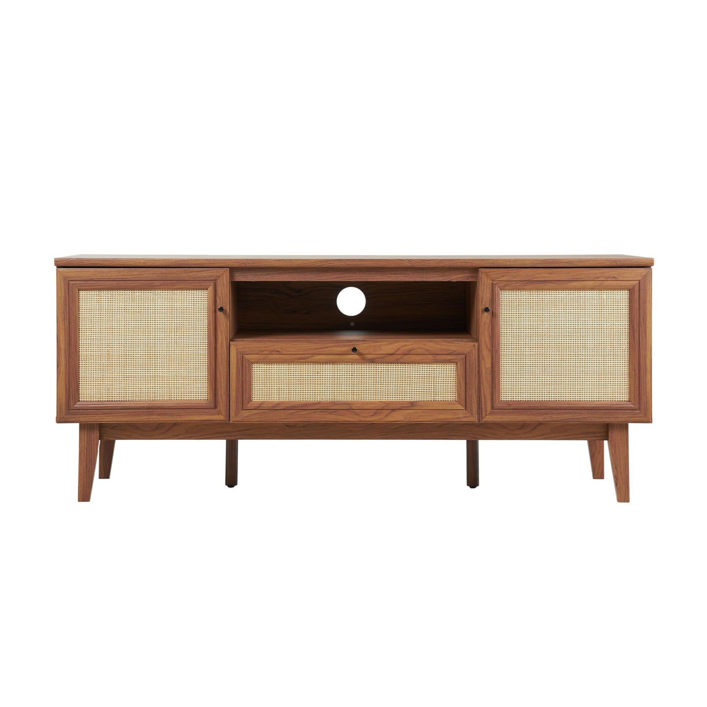 JONATHAN Y Finley 59" Mid-Century Walnut Rattan TV Stand for TVs up to 65 Inch, Wood Media Console with Woven Cane Soft-Close Doors and Drawer, Bohemian Entertainment Center for Living Room TVS1002B