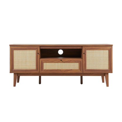 JONATHAN Y Finley 59" Mid-Century Walnut Rattan TV Stand for TVs up to 65 Inch, Wood Media Console with Woven Cane Soft-Close Doors and Drawer, Bohemian Entertainment Center for Living Room TVS1002B
