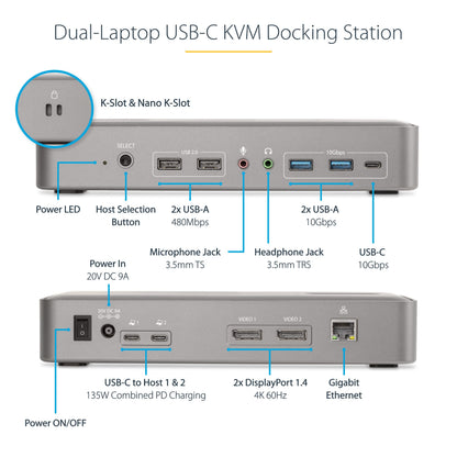 StarTech.com Dual-Laptop USB-C KVM Docking Station, Dual Monitor 4K 60Hz DisplayPort Dock, 5-Port USB Hub, GbE, 90W/45W Power Delivery to Two Laptops, Windows/Mac, 2-Host KVM Dock, TAA
