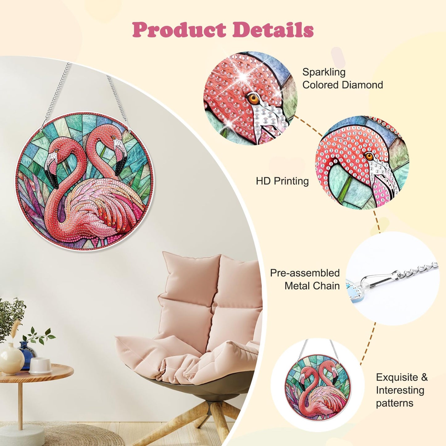 HEIBAGO Flamingo Hanging Diamond Art Kits for Adults, Special Shaped Crystal Diamond Painting Ornament Kit, DIY Double-Sided Pattern Window Pendant Gem Art Kit for Home Wall Decor 8.3x8.3inch