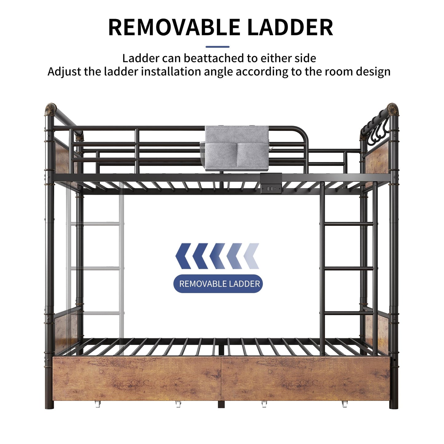 Jocoevol Metal LED Bunk Bed Twin Over Twin with 2 Storage Drawers, USB Charging Station, Industrial Bunkbeds Heavy Duty Bed with Safety Guardrail and Ladder, No Box Spring Needed, Vintage Brown